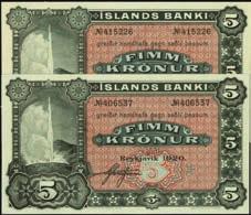 Seldom available in any grade. PMG Very Fine 25....$300-$500 10139 Islands Banki. 5 Kronur, 1920. P-15r. Remainders. 2 pieces in lot.