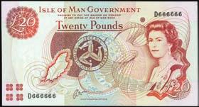 Solid Serial Number. A gem example of this 20 Pound note that shows with the serial number F555555. PMG Gem Uncirculated 65 EPQ....$600-$800 10237 Isle of Man Government. 10 Pounds, ND (1998). P-44a.