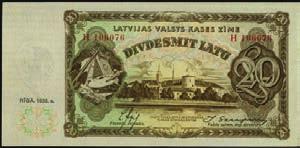 20 Latu, 1935. P-30a. This important 1935 20 Latu note is certainly the finest we have handled for the type. Original paper is easily detected and bold color remains. PMG Choice Uncirculated 64 EPQ.