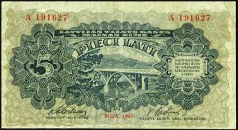 ...$100-$150 10269 Latvian Government State Treasury Note. 20 Latu, 1936. P-30b. Just a touch of circulation and a minor stain to report on this appealing 20 Latu note. PMG About Uncirculated 55 Net.
