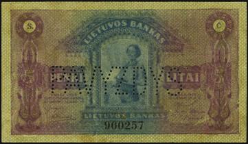 Similar to the lesser Centu denominations, the specimen and color trial notes are also offered. PMG Choice Uncirculated 63 EPQ....$200-$300 10295 Bank of Lithuania. 50 Centu, 1922 November Issue.