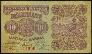 Previously Mounted.... $400-$600 10312 Bank of Lithuania. 100 Litu, November 1922. P-20a. Even though heavily circulated, this 100 Litu 1922 design type is RARE in any grade.