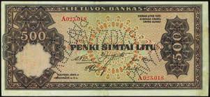 Minor Edge Damage, Stains....$600-$800 10317 Bank of Lithuania. 500 Litu, 1924. P-21a.