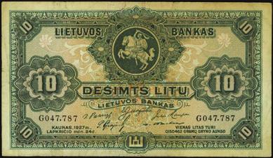 ...$600-$800 10321 Bank of Lithuania. 10 Litu, 1927. P-23a. A minor stain. PMG Choice Very Fine 35 Net. Stains....$70-$100 10322 Bank of Lithuania. 10 Litu, 1927. P-23a. Evenly circulated.