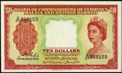 Just a hint of circulation on this scarce Five Pound design type. PMG Choice About Uncirculated 58....$600-$800 10354 Board of Commissioners of Currency Malaya & British Borneo. $5, 21.3.1953. P-3a.