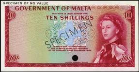 An attractive Uncirculated pair of these higher denominations. Choice Uncirculated....$150-$250 MALTA 10356 2 Shillings 6 Pence, ND (1940). P-18. Just a touch of circulation.