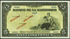 Punch cancel at the signature panel and specimen overprints. PMG Choice Uncirculated 64 EPQ....$600-$800 10361 Banque De La Martinique. 25 Francs, ND (1943-45). P-17s. Specimen. Printed by E.A.