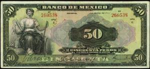 (M4618g) Just even circulation on this 50 Pesos note. Pleasing centering and margins along with still bold color. PMG Very Fine 25....$300-$500 10374 Banco de Mexico. 100 Pesos, 18.1.1933. P-25e.