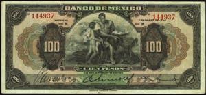 (M4616d) A scarce 20 Pesos date in any grade. This Very Fine note is found with only even circulation to mention. PMG Very Fine 25....$125-$175 10371 Banco de Mexico. 20 Pesos, 7.3.1934. P-23g.