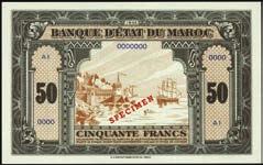 Fine to Uncirculated....$400-$800 MOROCCO 10383 Banque D Etat Du Maroc. 5 Francs, ND (1924). P-9.
