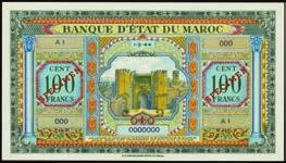 Stack s Bowers Galleries Session C Bidding Ends Tuesday, August 12, 2014 at 3:00 PM PT MOROCCO 10390 Banque D Etat Du Maroc. 100 Francs, 1943-44. P-27s. Specimen. Printed by E.A. Wright.