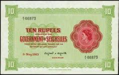 Nearly Gem and becoming quite difficult in Uncirculated grades. PMG Choice Uncirculated 64....$500-$700 10443 Government of Seychelles. 10 Rupees, 1954. P-12a.