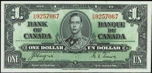 Printed in green and multicolored. Punch cancels at the signature panels. Specimen serial numbers and overprints. Mounting remnants at left. About Uncirculated....$400-$600 CANADA 10037 Bank of Canada.