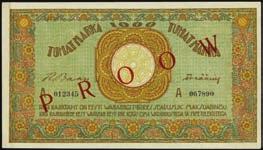 ...$500-$700 ESTONIA 10076 Treasury Note. 1000 Marka, 1919-1920 Issue. P-50b. A RARE issued example of this scarce higher denomination design and the first we have handled in several years.