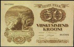 An underrated note in any form. This piece shows with only trivial circulation and light mounting remnants. PMG About Uncirculated 53 Net. Previously Mounted....$200-$300 10081 Bank of Estonia.