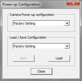 Camera Configuration Selection Dialog CamExpert provides a dialog box which combines the features to select the camera power up state and for the user to save or load a camera state from Genie memory.