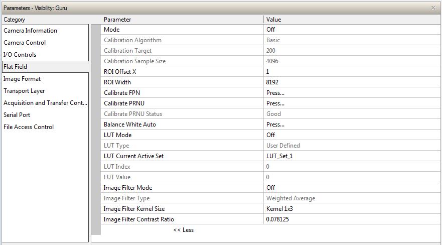 Flat Field Category The Flat Field controls, as shown by CamExpert, group parameters used to configure camera pixel format, and image cropping.