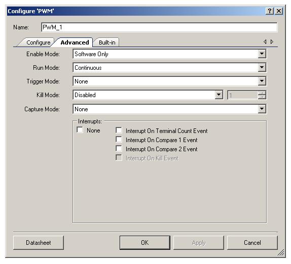 PSoC Creator Component Datasheet Advanced Tab Enable Mode The Enable Mode parameter defines what hardware and software combination is required to enable the overall functionality of the PWM.