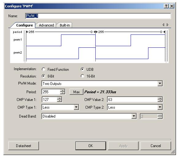 Configure Tab Implementation This parameter allows you to choose between a Fixed Function and a UDB implementation of the PWM.
