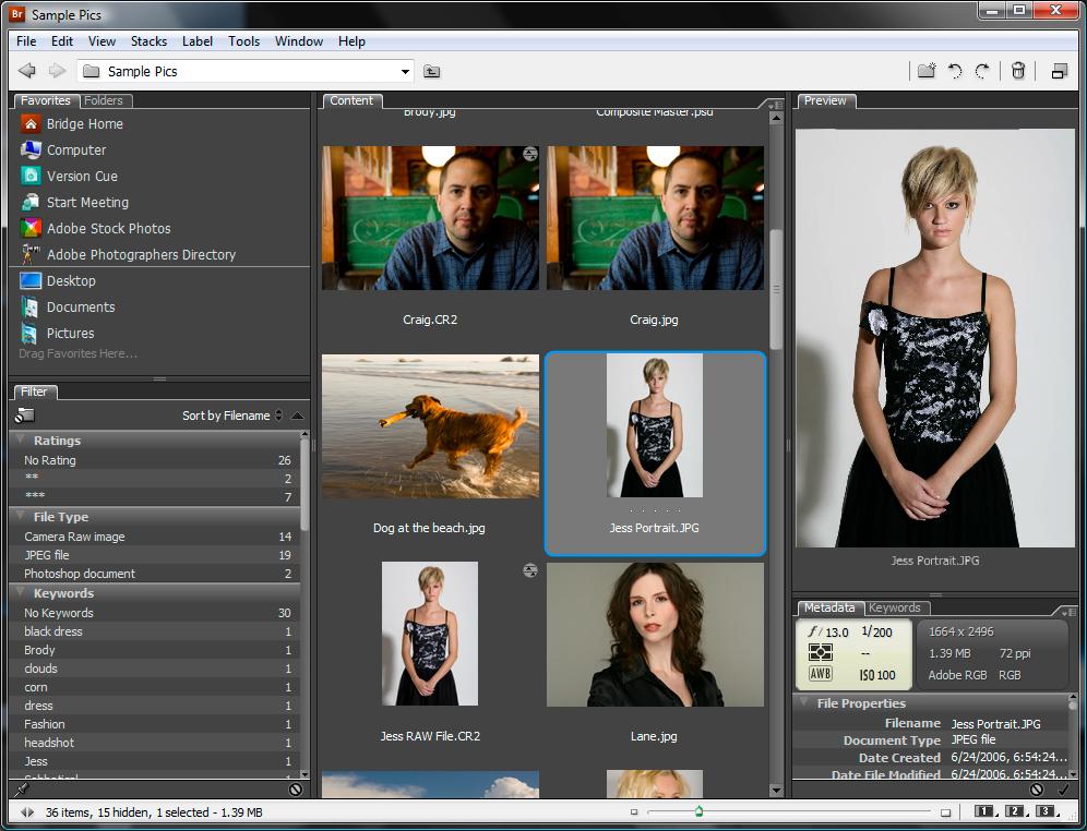 Session One Photoshop Basics Adobe Bridge provides a clean interface for working with digital media assets. Opening your first file Using adobe bridge to open the sample file Jess Portrait.