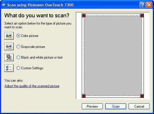 24 VISIONEER ONETOUCH 7300 USB SCANNER INSTALLATION GUIDE 7. Click the Scan button in the Scan pane. The Scan using Visioneer OneTouch 7300 window opens.