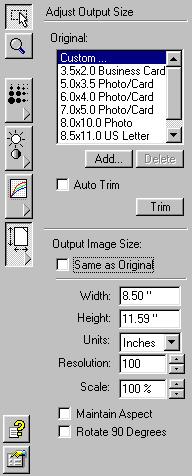 ADJUSTING THE SETTINGS IN THE SCAN MANAGER PRO 47 The following figure shows the output size options: To Auto Trim an item: 1. Select Auto Trim, and then click the Trim button.