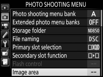 The image area can be selected using the Image area > Choose image area option in the photo shooting menu or by pressing a control and rotating a command dial. The Image Area Menu 1 Select Image area.