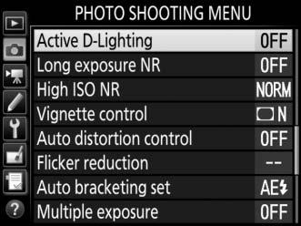 To use Active D-Lighting: 1 Select Active D-Lighting. Highlight Active D-Lighting in the photo shooting menu and press 2. 2 Choose an option. Highlight the desired option and press J.
