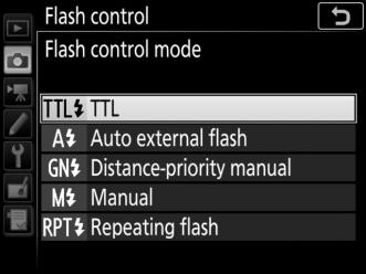 On-Camera Flash Photography When a flash unit that supports unified flash control (an SB-5000, SB-500, SB-400, or SB-300) is mounted on the camera, the flash control mode, flash level, and other