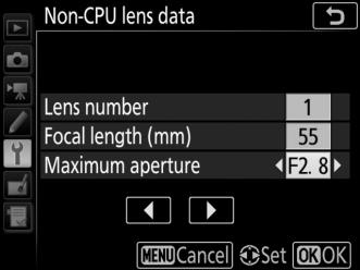 Highlight Lens number and press 4 or 2 to choose a lens number. 3 Enter the focal length and aperture.