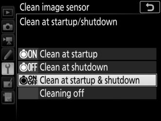 Clean at Startup/Shutdown Choose from the following options: Option 5 Clean at startup 6 7 Clean at shutdown Clean at startup & shutdown Cleaning off Description The image sensor is automatically