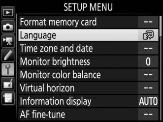 Basic Setup The language option in the setup menu is automatically highlighted the first time menus are displayed. Choose a language and set the camera clock. 1 Turn the camera on.