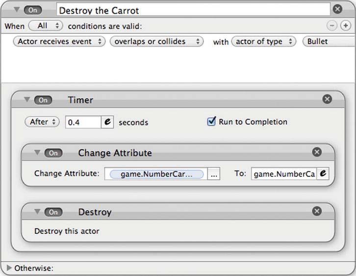 CHAPTER 5: Making a Shoot-Em Up: Carrot Invader 135 Click Create Rule and name the rule Destroy the Carrot.
