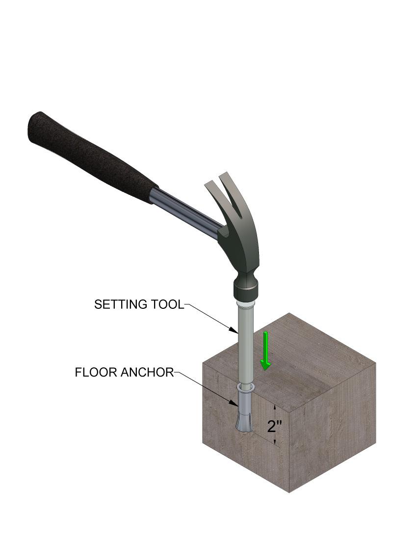 5 long end 5 / 8 diameter carbide tipped concrete drill bit Hammer drill ¾ or 19mm Socket, Extension and Ratchet Hammer Safety glasses Note: Never place a floor anchor into a seam/crack, or an area