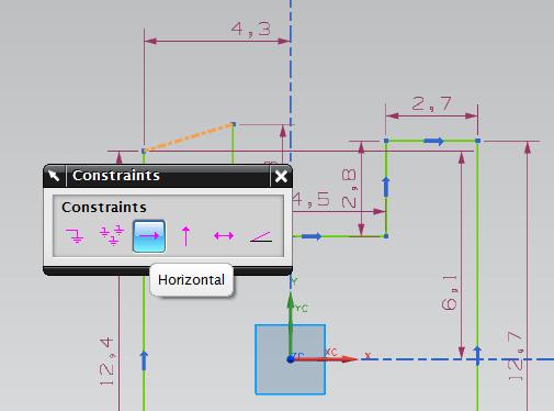 Remember to use the Show All Constraints button to make all current constraints visible. To add a horizontal constraint to line 1, click the Constraints button in the sketching toolbar.