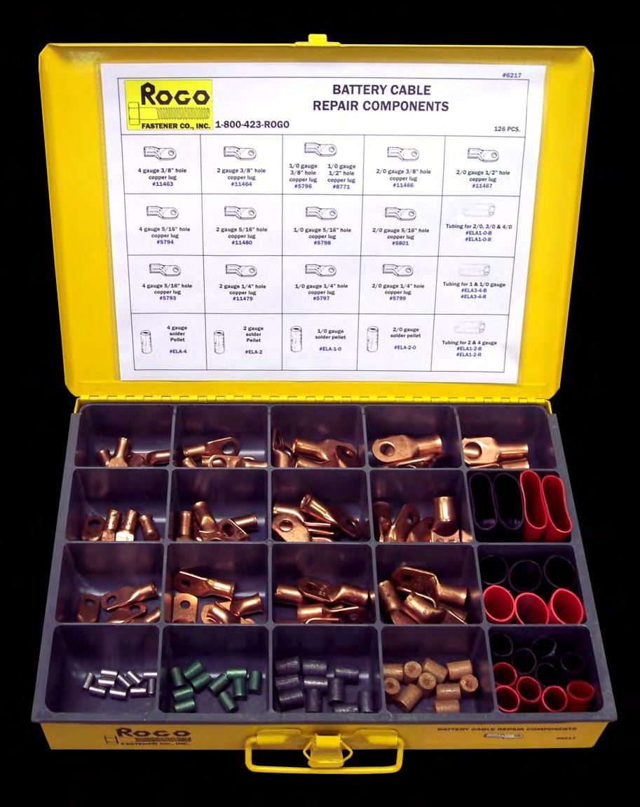 PAGE 10 OF 14 NEW! BATTERY CABLE REPAIR COMPONENTS A complete variety of Battery Cable Components for repair, organized conveniently by size in a metal tray.