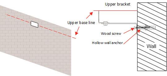 Insert the wall anchor and tighten the upper bracket using the provided screw. Note: The upper base line must align with the upper bracket s top edge Center bracket Upper bracket Midpoint 3.