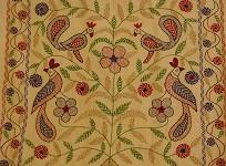 Kantha Work (3 samples) Age: contemporary Fabrics: cloth, muslin, embroidery threads Wadding: none Construction: decorative running stitch motifs and embroidery Kantha is a type of embroidery that is
