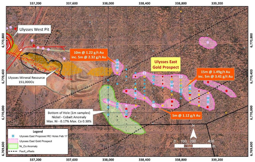 Ulysses East Gold Target The Ulysses East RC drill program will comprise approximately 2,500 metres of drilling and will consist of 10 fences of drilling at 100 to 200 metre spacings to test the