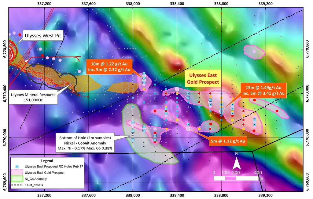 Figure 2. Ulysses East aircore defined gold prospect highlighted in pink on RTP 1VD Magnetics. The nickelcobalt anomaly to be tested is shown in green to the south.