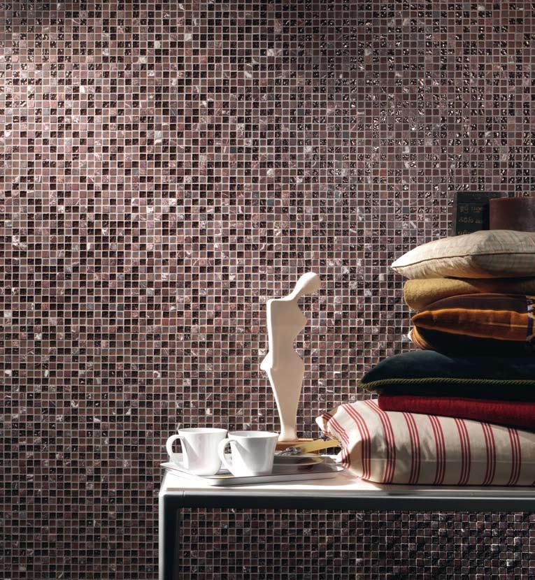 Matching Solids and Transparency Crystal Stone mosaics provide an original interpretation of the glass tile body mixed with stone, giving variety to the mosaics surface.