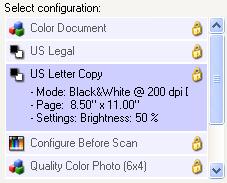 The configuration s basic settings include: scanning mode, resolution (dpi), page size, brightness (Br), and contrast (Cr). To see a selected Scan Configuration s settings, click its icon.