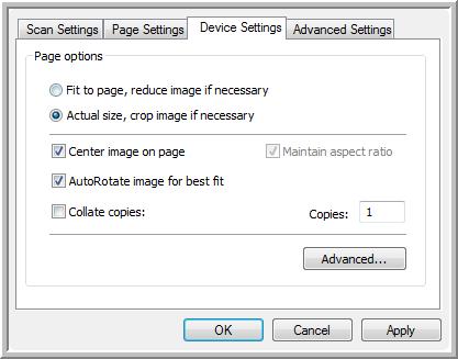 CONFIGURING THE ONETOUCH BUTTONS 41 THE DEVICE SETTINGS TAB A Device Settings tab is on the Scan Configurations dialog box when your selected Destination Application is a printer or fax application.