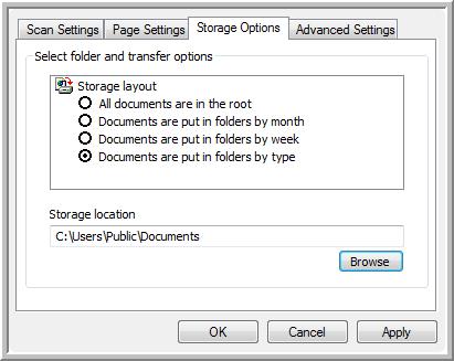 42 VISIONEER PATRIOT 780 SCANNER USER S GUIDE THE STORAGE OPTIONS TAB (ARCHIVE) A Storage Options tab is on the Scan Configurations dialog box when the selected Destination Application is Transfer to