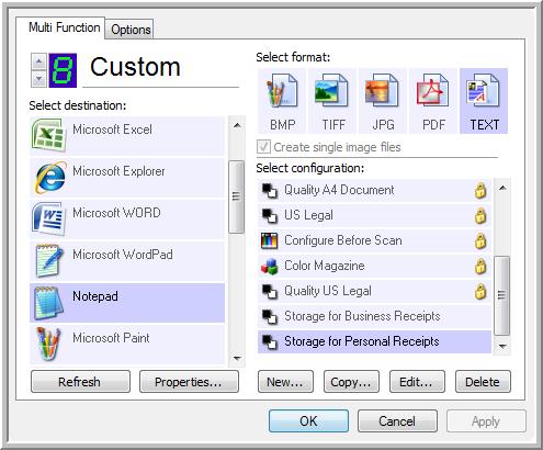 52 VISIONEER PATRIOT 780 SCANNER USER S GUIDE ADDING AN APPLICATION TO ONETOUCH From the OneTouch Destination Properties for Text Editors and Image Editors you can add another application. 1.