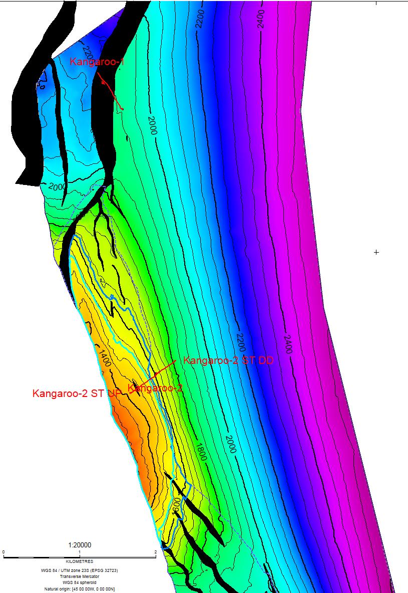 Kangaroo Field Joey Prospect Salt Wall Poorer quality seismic data near salt walllower reliability seismic attribute Kangaroo Area Top Paleocene Depth Map Greater confidence in resource certainty at