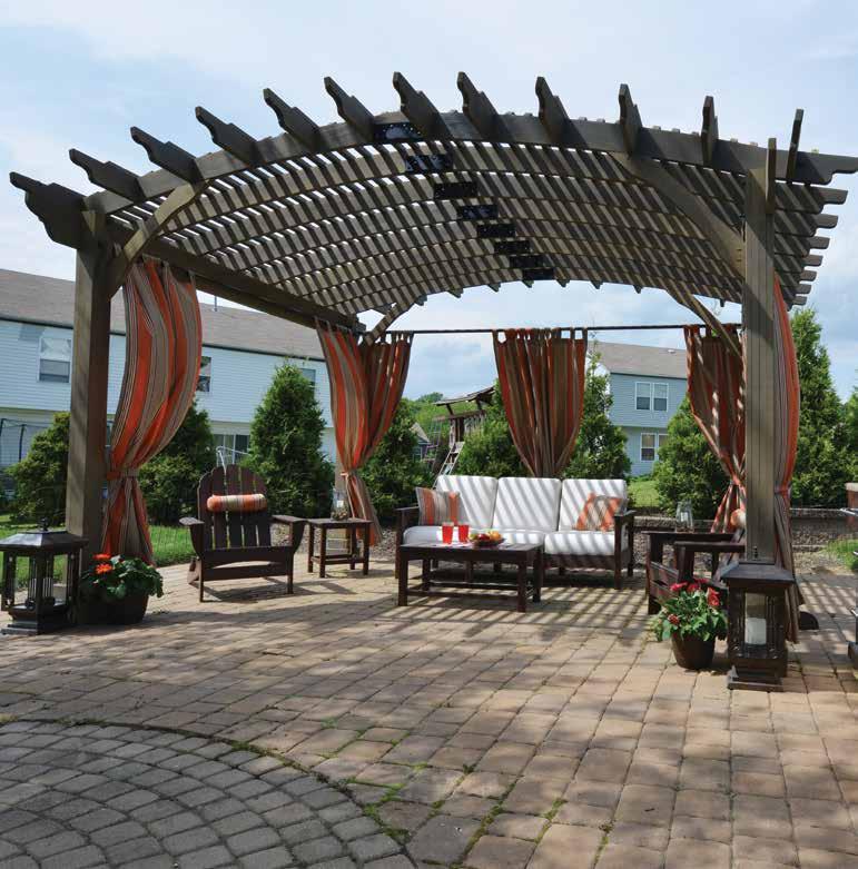 Riviera Wood Pergola 4 on-center shade slats Solid laminated wood posts Arched braces Arched