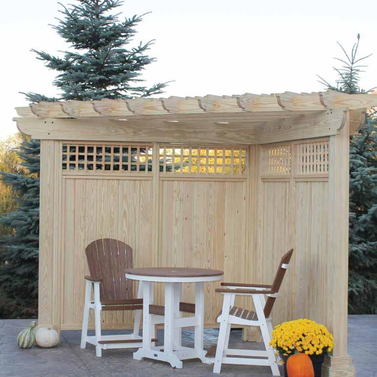 Alcove Wood Pergola 4 on-center shade slats Three solid laminated wood posts Scrolled end