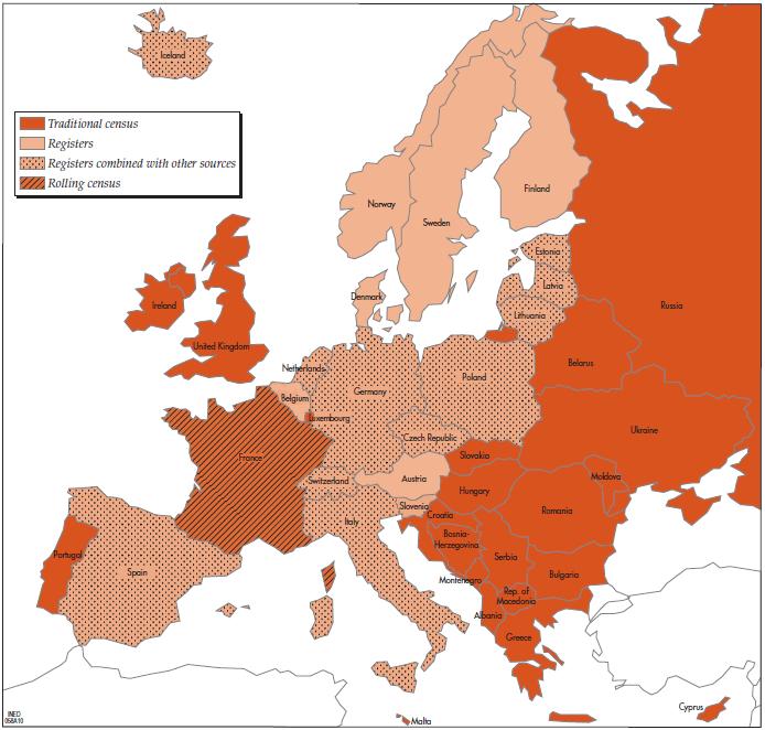 A map of European countries by census methods used in the 2010 round is presented in Figure 2. The map shows a clear divide.