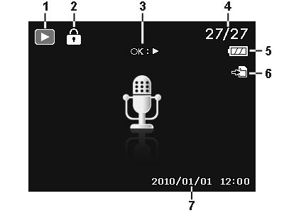 Playback mode of audio clips: No. Item Description 1 Playback mode Indicates playback mode. 2 Protect Indicates file is protected.